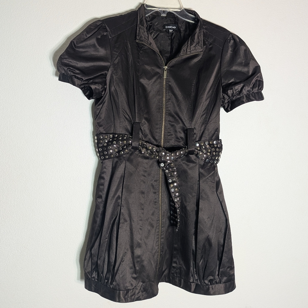 Bebe Women's Coat Dress Metal Studded Trench Rain Brown Satin Steam‎ Punk Large